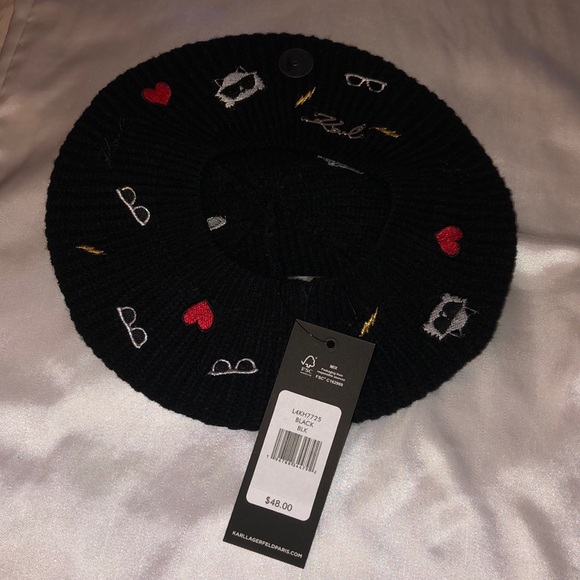 Karl Lagerfeld Paris Karl Icons Embroidered Knit Beret Color Black OS NWT - Picture 2 of 14